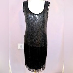 Exquisite Vintage Modi Black Sequin Flapper-Style Beaded Fringe Dress